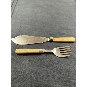 Vintage Stainless Nickel Fish Serving Set Engraved Knife and Fork Crackle Handle